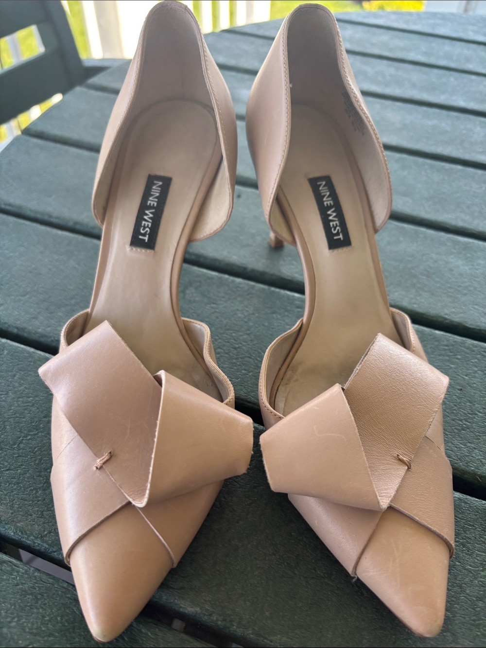 Nine West Blush Tan Pointed D'Orsay Heels with Bow Accent